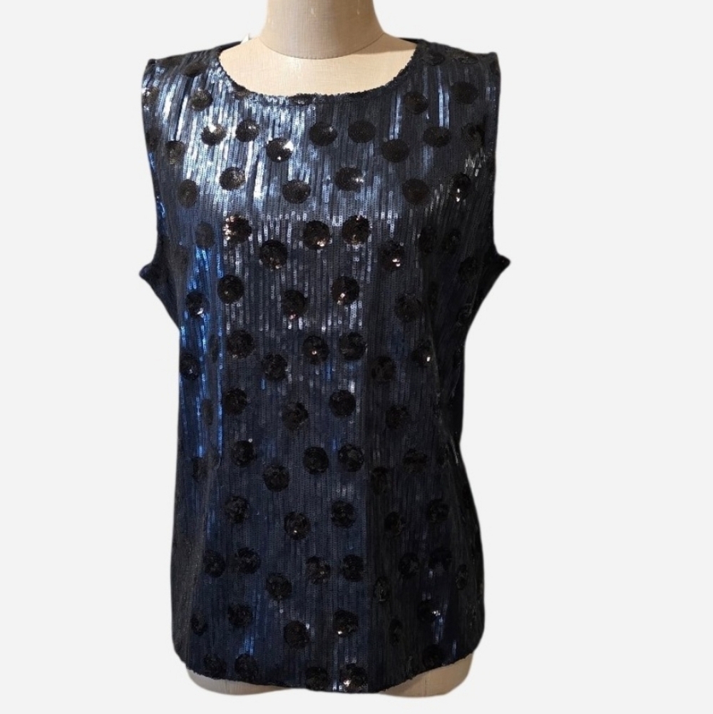 *NWT* RSVP By Talbots Navy w/ Black Sequined Polka Dot Sleeveless Top. Sz Med.